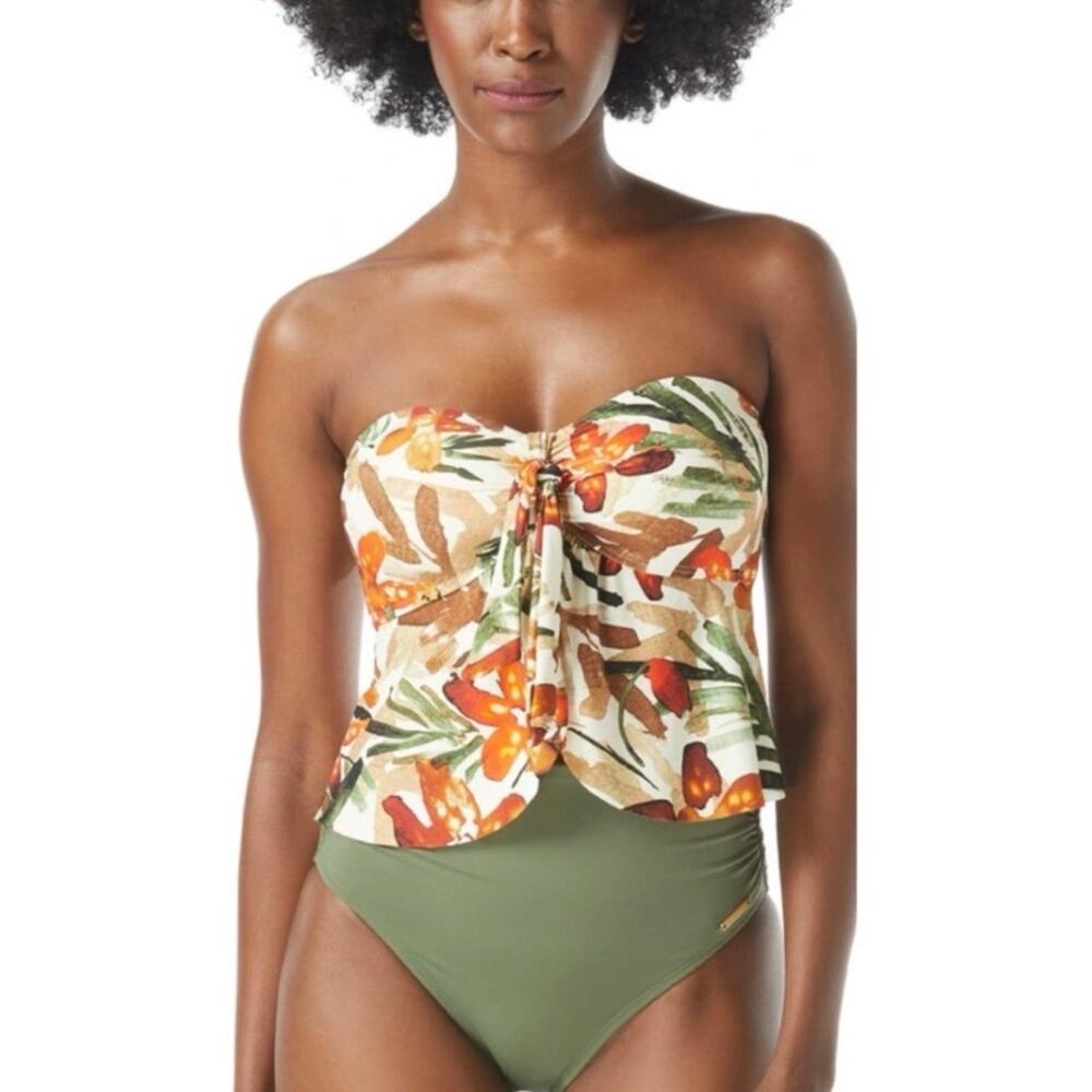 Vince Camuto Seychelles Floral Tie Front Babydoll Tankini Top in Bone M NWT